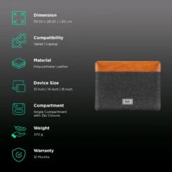 Tomtoc Vintage Polyurethane Leather Laptop Sleeve For 13, 14 & 16 Inch Laptop (Intelligent Magnet Closure, Grey) -Tomtoc 261028 2 g9d3da