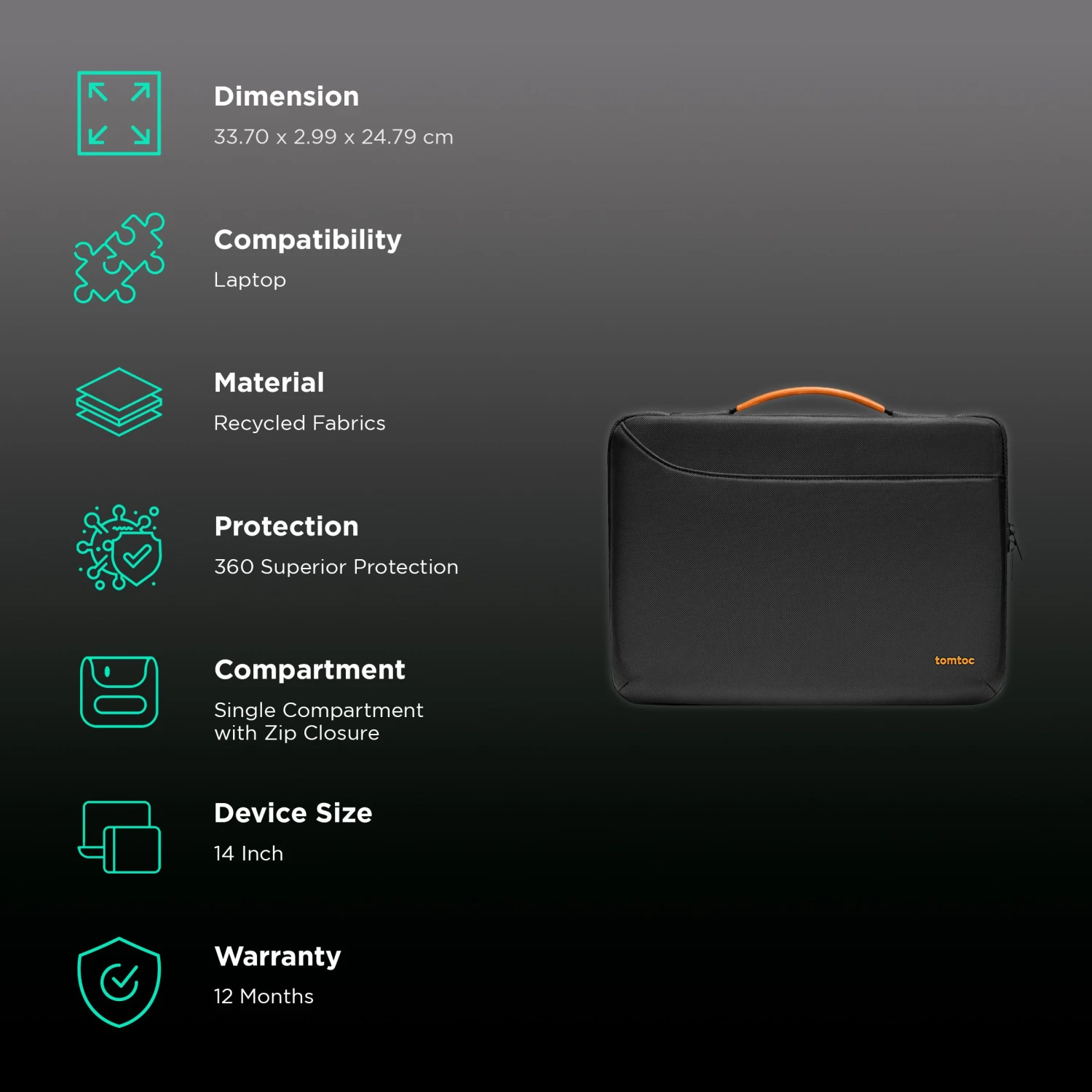 Tomtoc Defender Recycled Fabrics Laptop Sleeve For 14 Inch Laptop (360 Superior Protection, Black) 5 Tomtoc Defender Recycled Fabrics Laptop Sleeve For 14 Inch Laptop (360 Superior Protection, Black) - Image 3